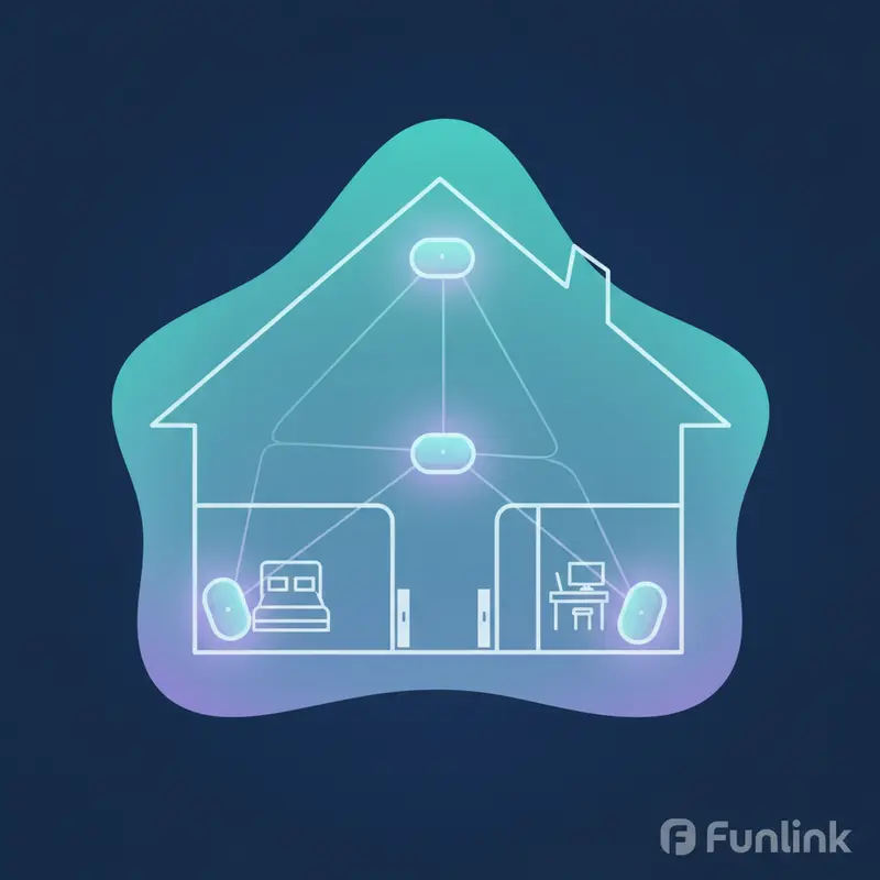 Sơ đồ hệ thống wifi mesh với các node kết nối liền mạch để mở rộng vùng phủ sóng wifi.