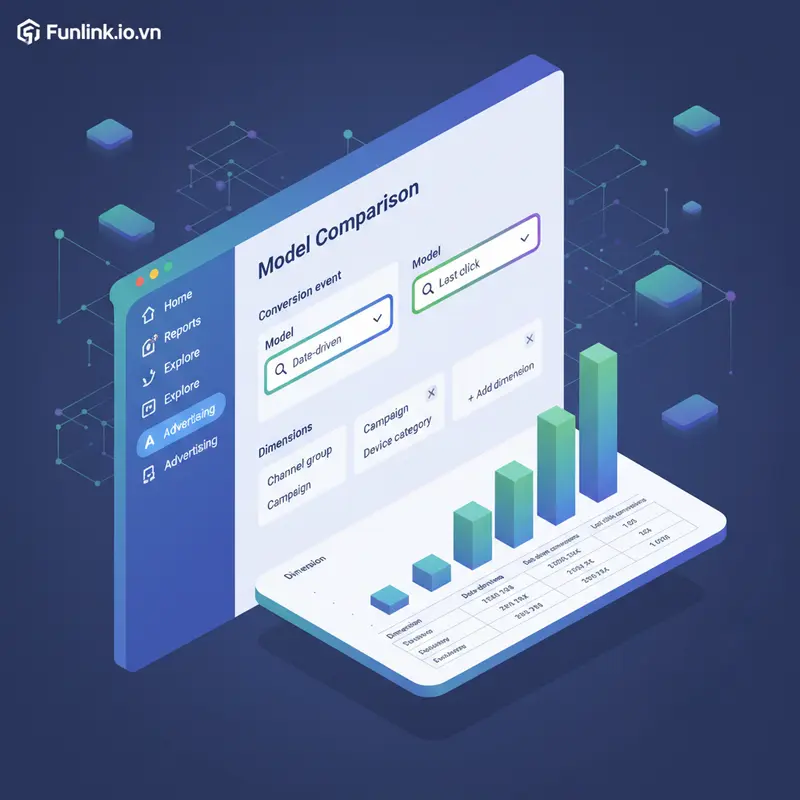 Giao diện chính của Model Comparison Tool GA4 hiển thị các tùy chọn báo cáo và bộ lọc.