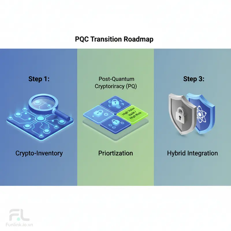 Sơ đồ lộ trình chuyển đổi PQC để chống lại mối đe dọa lượng tử với mã hóa, bao gồm kiểm kê, ưu tiên và tích hợp.