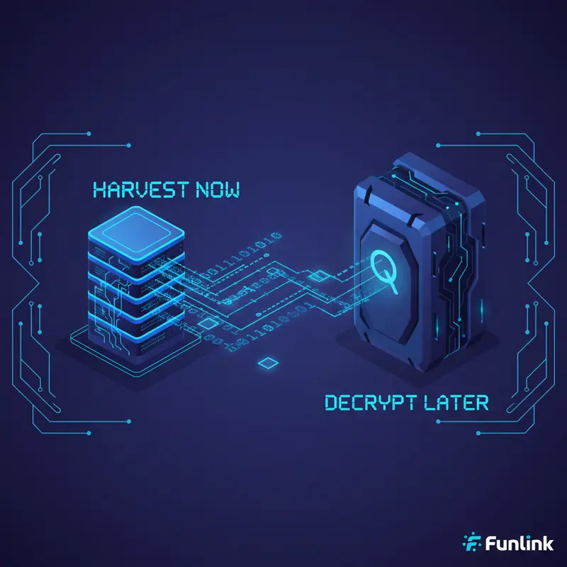 Minh họa tấn công Harvest Now, Decrypt Later trong mối đe dọa lượng tử với mã hóa - dữ liệu bị hút vào kho lưu trữ.
