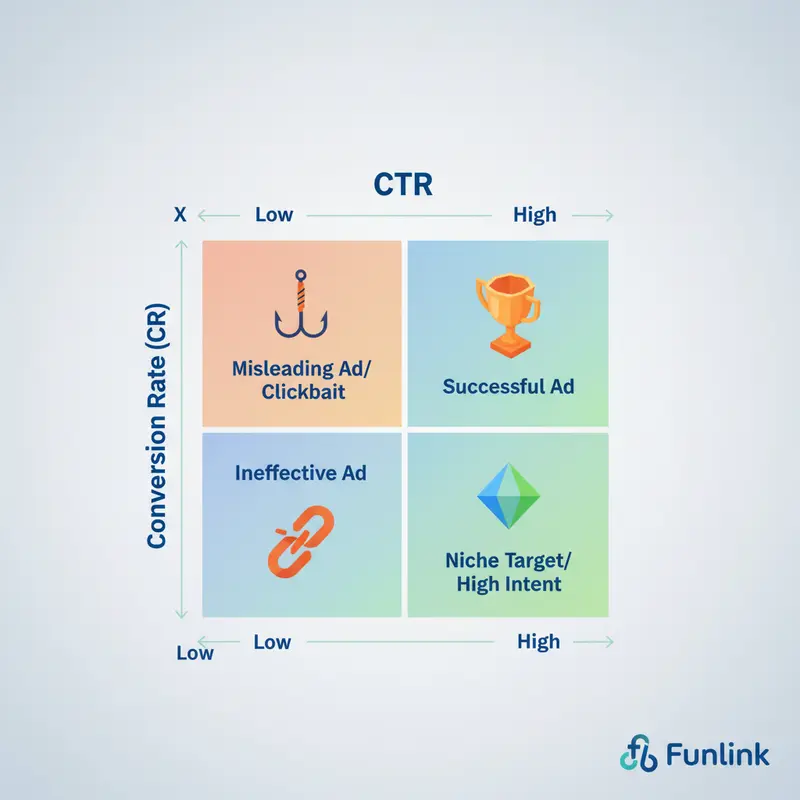 Ma trận phân tích mối quan hệ giữa CTR và tỷ lệ chuyển đổi, chỉ ra 4 kịch bản từ thành công đến gây hiểu lầm.