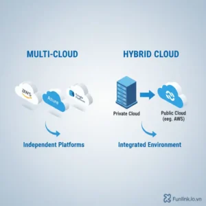So sánh kiến trúc multi-cloud và hybrid cloud với các biểu tượng đám mây công cộng và riêng biệt.
