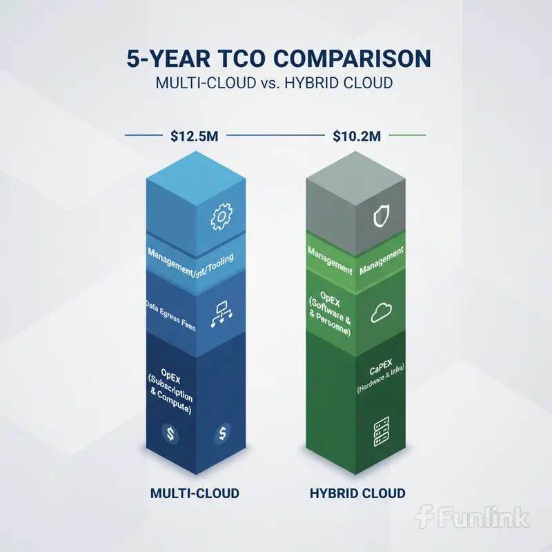 Biểu đồ cột so sánh tổng chi phí sở hữu TCO 5 năm của multi-cloud và hybrid cloud.