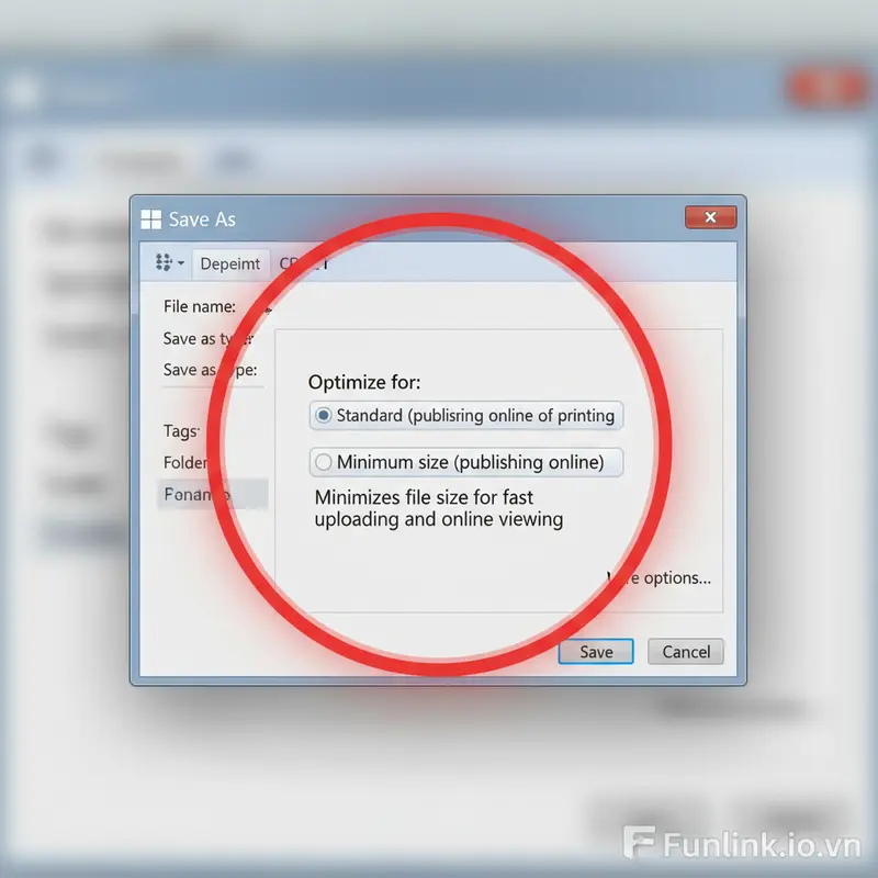 Tùy chọn nén file PDF 'Minimum size' trong cửa sổ Save As của Microsoft Word.