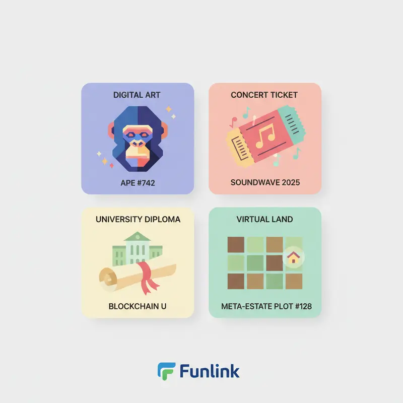 Các ứng dụng đa dạng của NFT và quyền sở hữu số: vé sự kiện, tác phẩm nghệ thuật, bằng cấp.