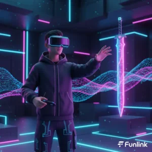 NFT và quyền sở hữu số - một game thủ đang tương tác với vật phẩm game dưới dạng голограма lơ lửng.