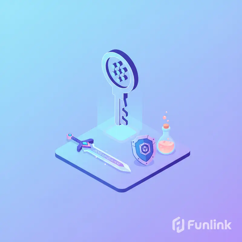 Minh họa khái niệm NFT và quyền sở hữu số với một chiếc chìa khóa blockchain bảo vệ các vật phẩm game.