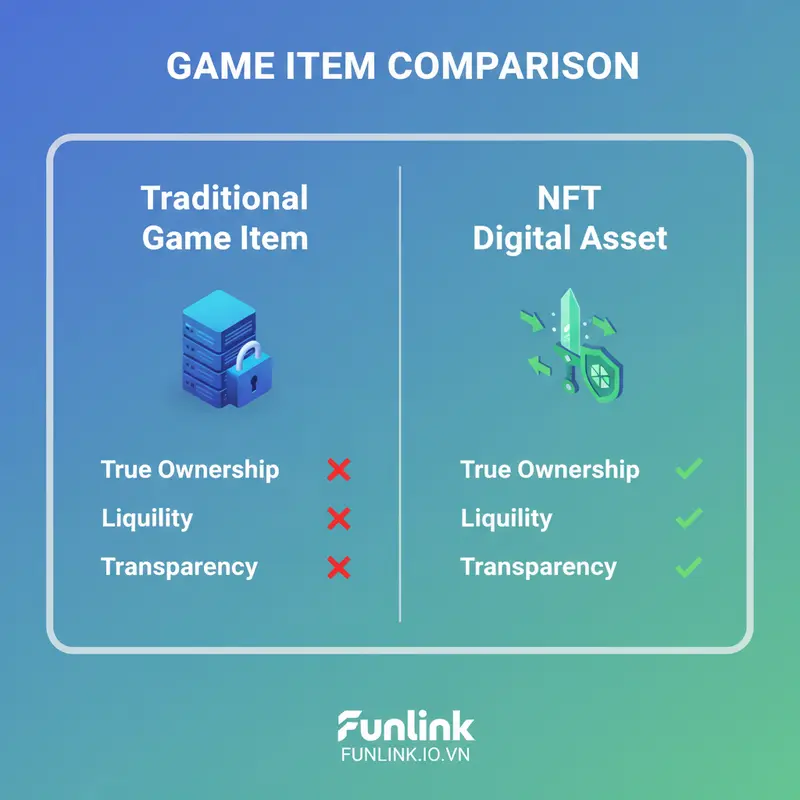 Infographic so sánh sự khác biệt giữa vật phẩm game truyền thống và tài sản NFT và quyền sở hữu số.