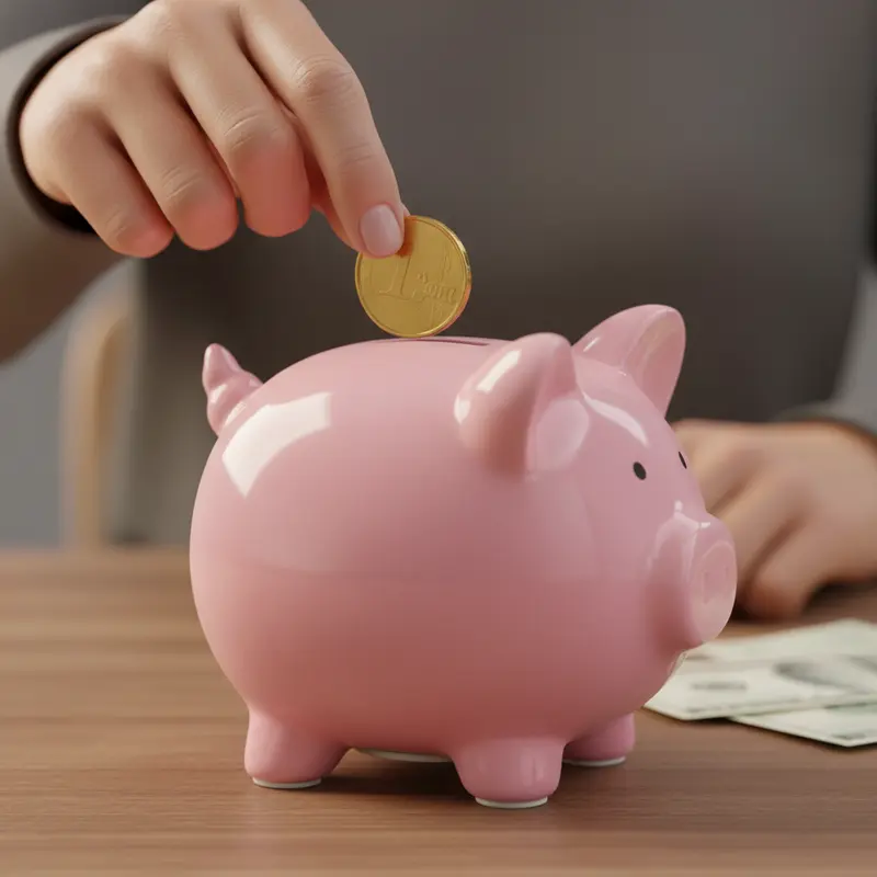 Một người đang cẩn thận bỏ đồng xu vào con heo đất màu hồng