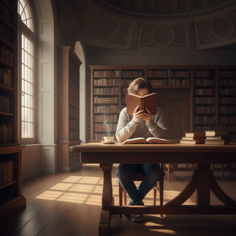 Một người đang tập trung đọc sách trong một thư viện yên tĩnh