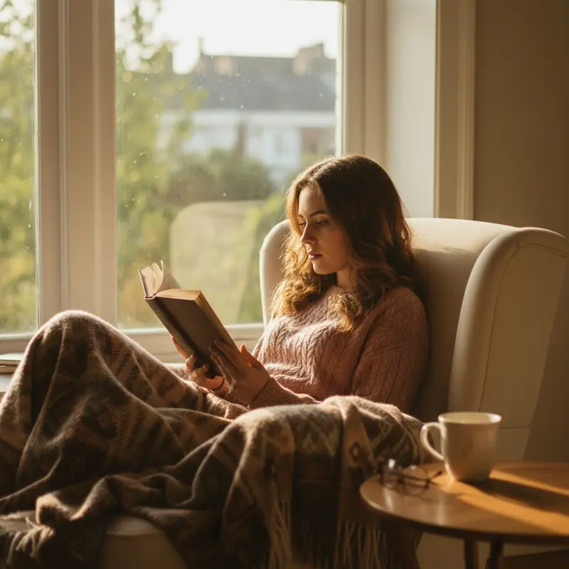 Một người phụ nữ đang thư giãn đọc sách bên cửa sổ