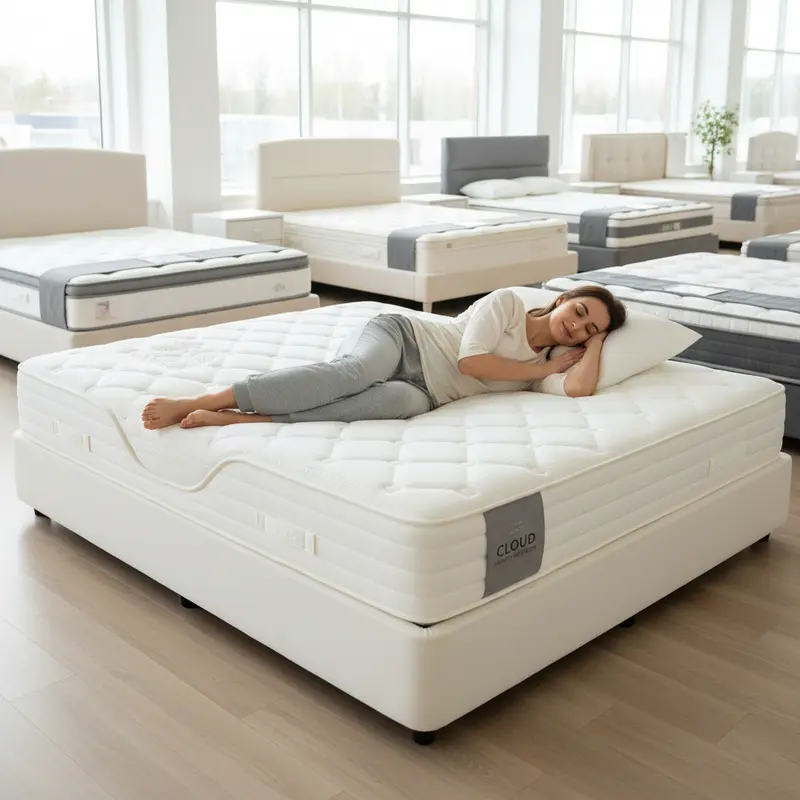 Một khách hàng đang nằm thử nệm tại cửa hàng để kiểm tra độ thoải mái