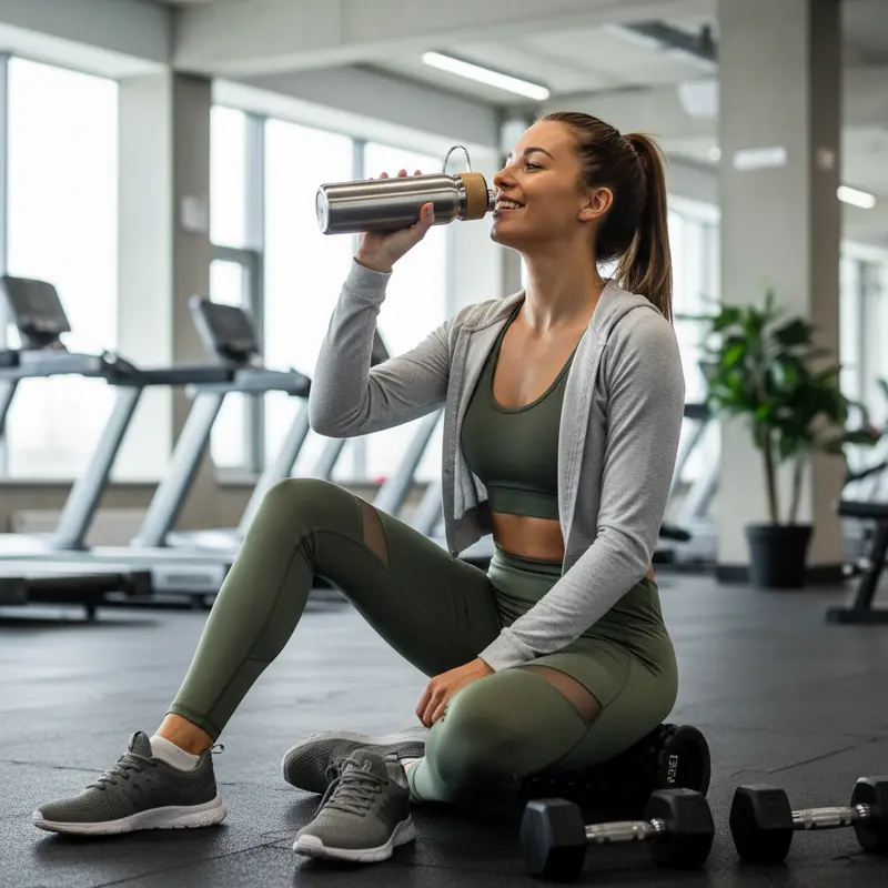 Người phụ nữ uống nước từ chai trong khi tập luyện