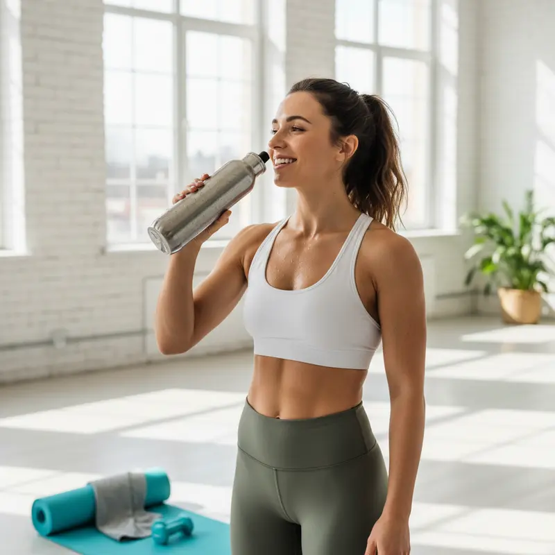Người phụ nữ đang uống nước sau khi tập yoga
