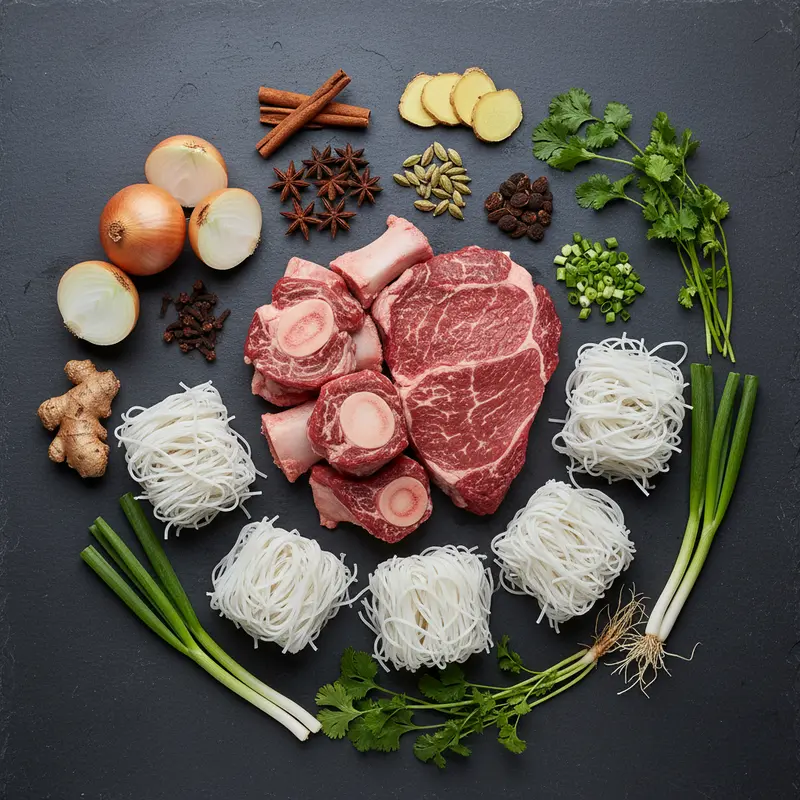 Các nguyên liệu cần thiết để nấu phở bò Hà Nội bao gồm xương bò, thịt bò, bánh phở, và các loại gia vị