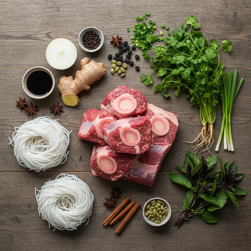 Các nguyên liệu cần thiết để nấu phở bò tại nhà.
