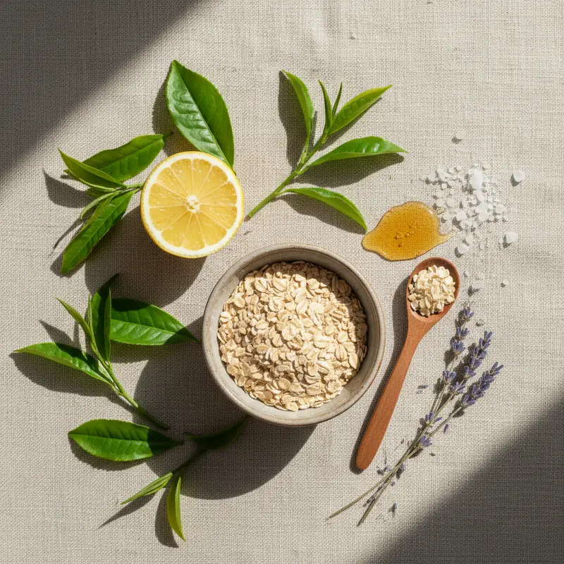 Nguyên liệu thiên nhiên giúp trị mụn lưng như trà xanh, chanh, bột yến mạch