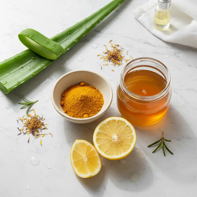Các nguyên liệu tự nhiên trị mụn thâm phổ biến như nghệ, mật ong, chanh, và nha đam.