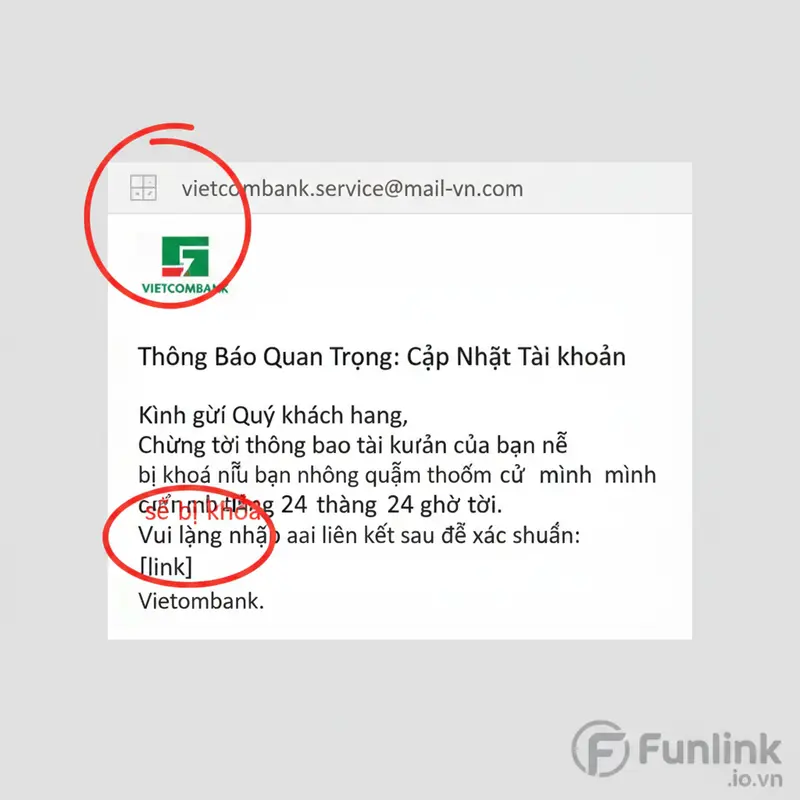 Ví dụ email giả mạo Vietcombank giúp nhận biết website lừa đảo qua các lỗi sai cơ bản.