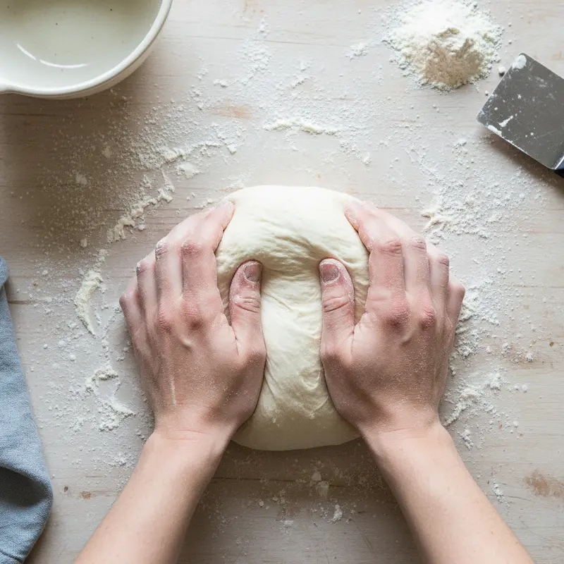 Tay một người thợ bánh đang nhào khối bột mì dẻo mịn trên mặt phẳng có rắc bột áo.