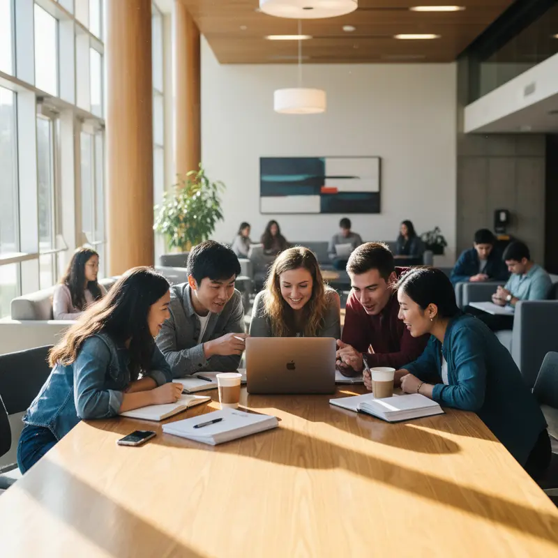 Một nhóm sinh viên đang ngồi thảo luận và cùng nhau sử dụng laptop