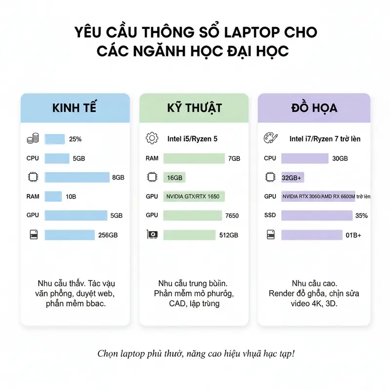 So sánh nhu cầu laptop của sinh viên các ngành kinh tế, kỹ thuật, và đồ họa