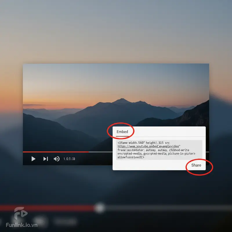 Giao diện YouTube với nút Chia sẻ và Embed được khoanh đỏ để lấy mã nhúng video YouTube.