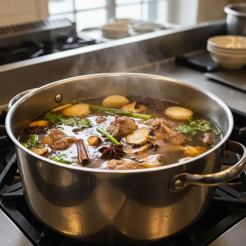 Nồi nước dùng phở bò đang sôi nhẹ, có màu vàng óng và trong veo