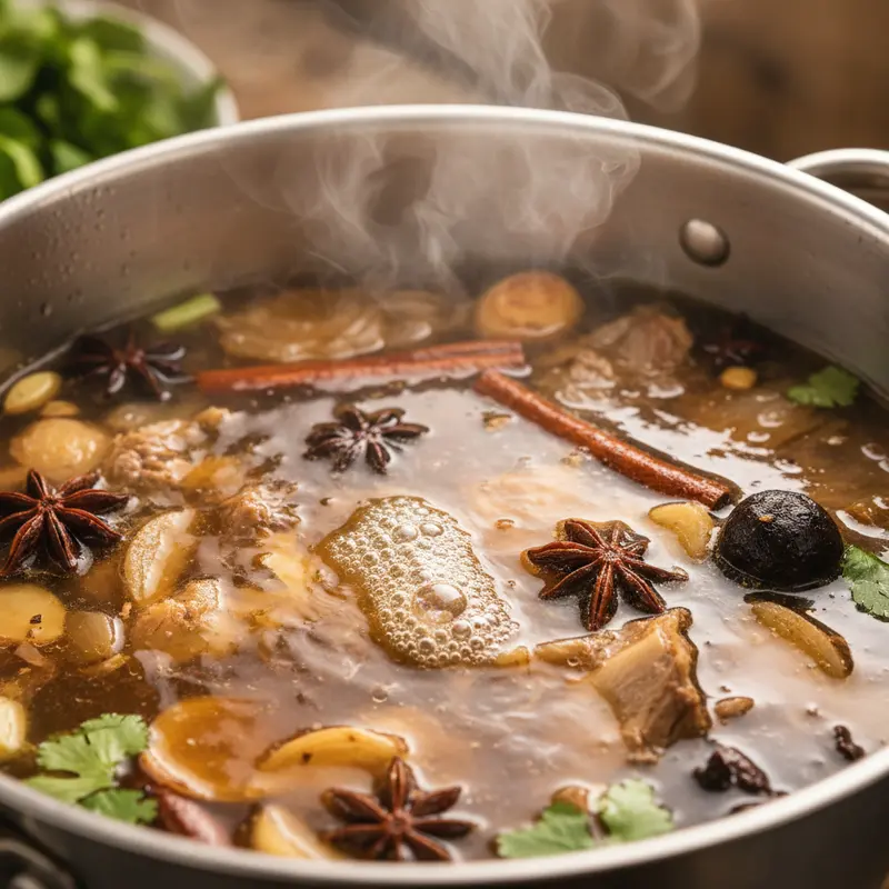 Nồi nước dùng phở bò trong vắt đang được ninh