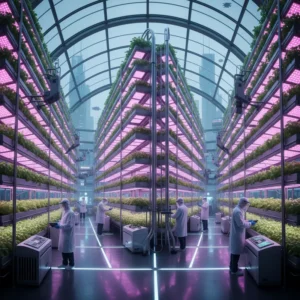 Toàn cảnh một trang trại nông nghiệp thẳng đứng hiện đại với ánh sáng tím