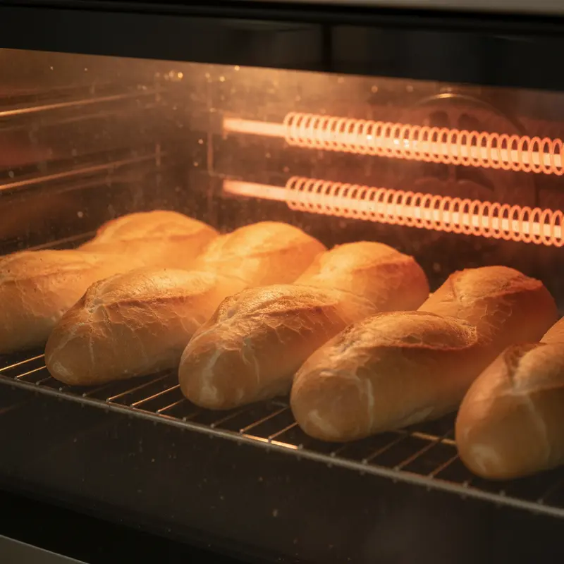 Bánh mì đang được nướng trong lò, vỏ bánh nở phồng và chuyển màu vàng giòn
