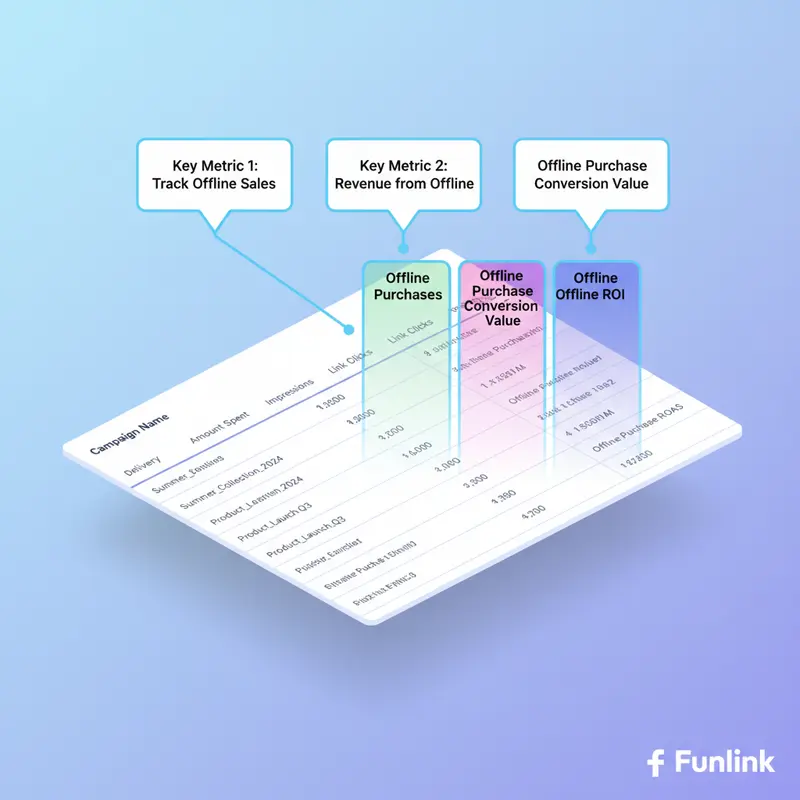 Báo cáo quảng cáo Facebook hiển thị các chỉ số offline conversions như ROAS và giá trị chuyển đổi.