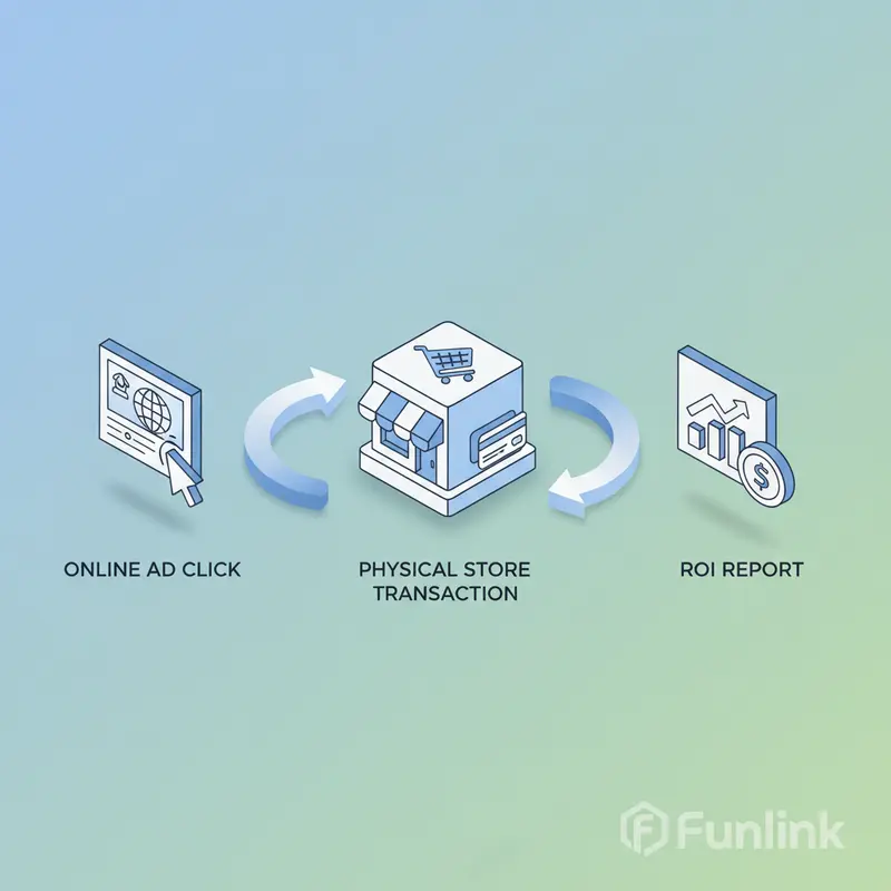 Sơ đồ luồng dữ liệu offline conversions từ click quảng cáo online đến báo cáo ROI thực tế.
