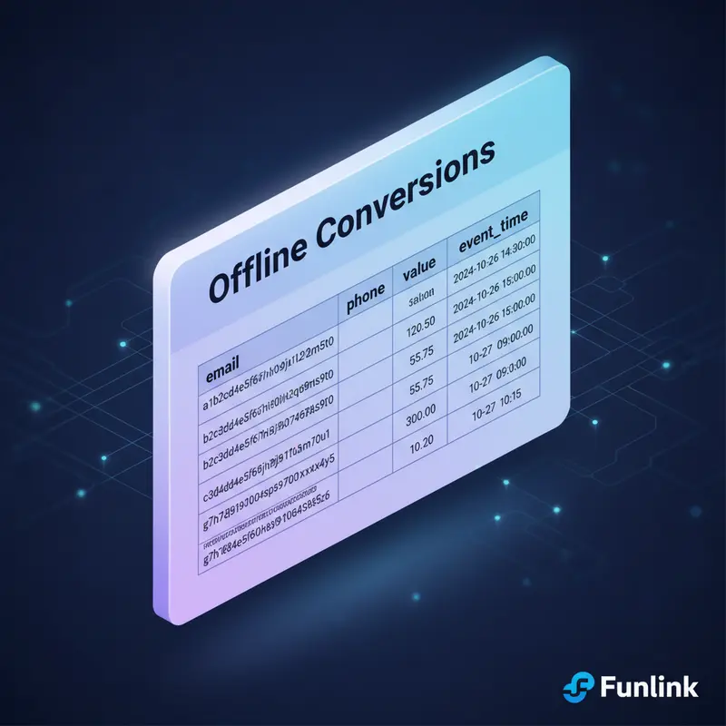 Mẫu file CSV cho offline conversions với dữ liệu khách hàng đã được băm (hash) để bảo mật.