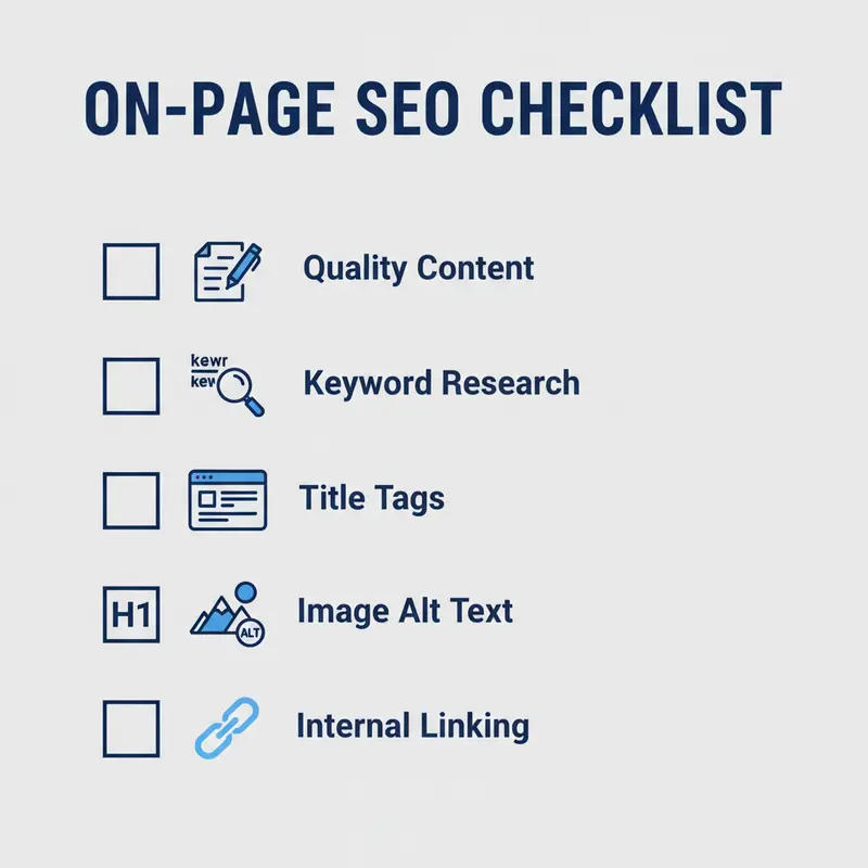 A checklist graphic listing key On-Page SEO elements like title tags, quality content, and image alt text.