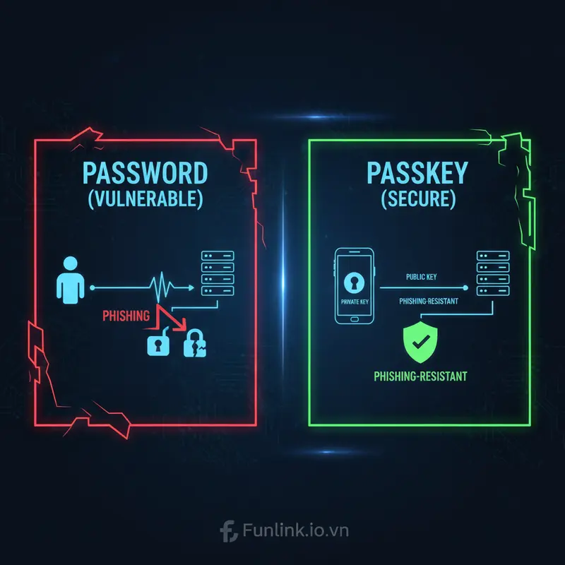 So sánh cơ chế hoạt động giữa passkey là gì và mật khẩu truyền thống.