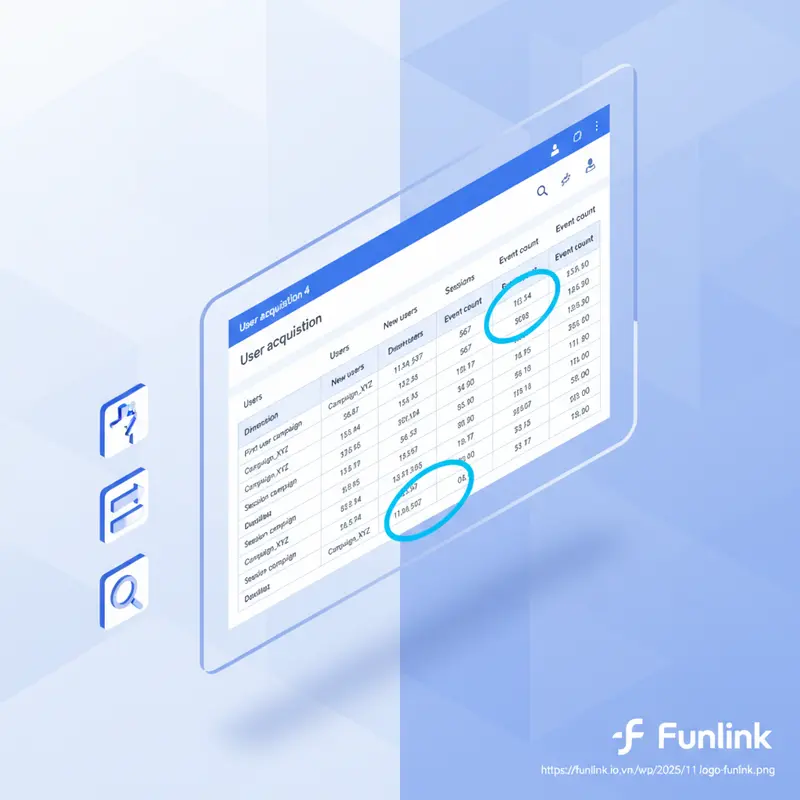 Báo cáo GA4 phân biệt hai dimension first user campaign và session campaign trong mục Acquisition.