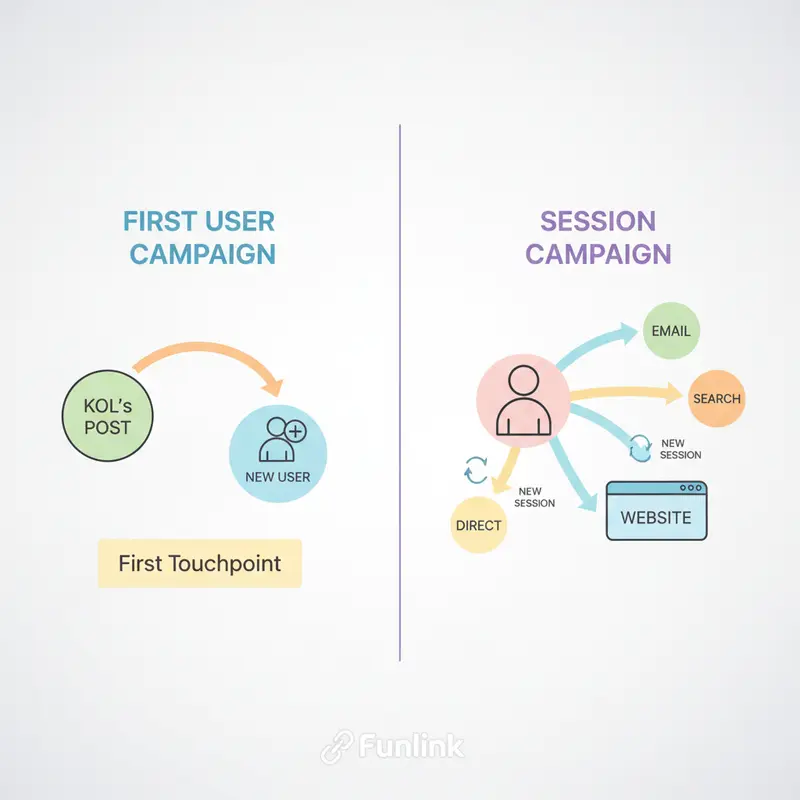 Sơ đồ phân biệt first user campaign và session campaign qua luồng traffic của người dùng mới và người dùng cũ.