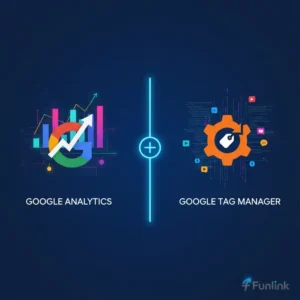 Phân biệt GA và GTM: Minh họa logo Google Analytics và Google Tag Manager trên nền xanh công nghệ.