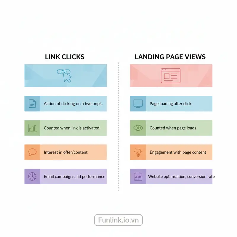 Bảng so sánh phân biệt Link Clicks và Landing Page Views về định nghĩa, cách đo lường và ý nghĩa.