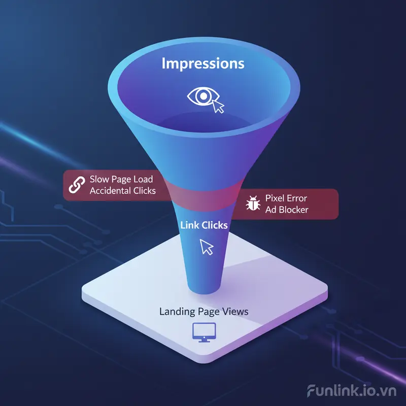 Sơ đồ phễu phân biệt link clicks và landing page views, chỉ ra các nguyên nhân sụt giảm như tải trang chậm, click nhầm.
