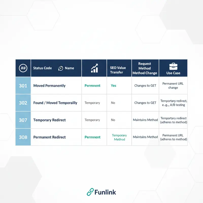 Bảng so sánh chi tiết để phân biệt redirect 301 302 307 và 308.
