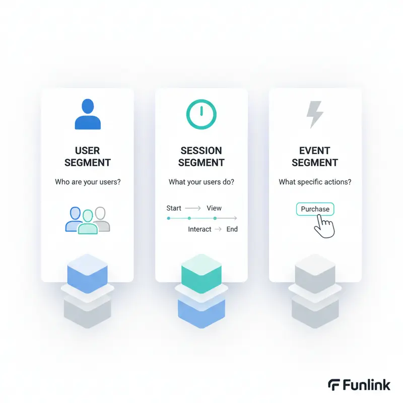 Sơ đồ Infographic so sánh 3 loại phân khúc người dùng GA4: User, Session, và Event Segment.