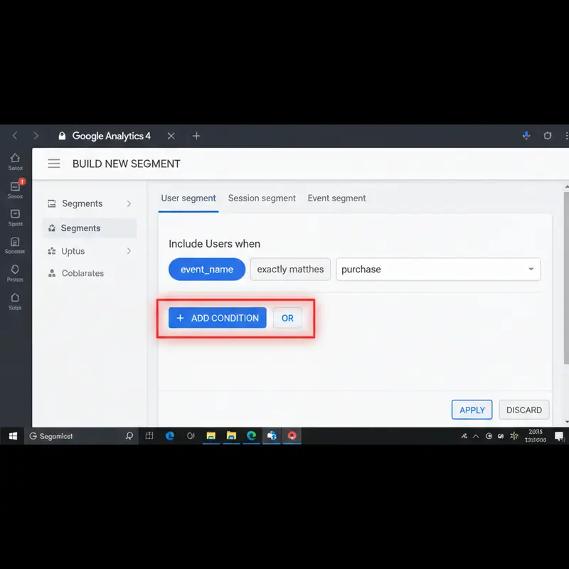 Giao diện tạo phân khúc người dùng GA4 với điều kiện event_name là purchase để phân tích khách hàng.