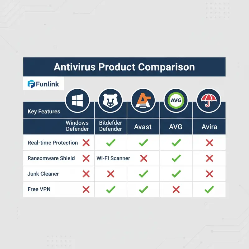 Bảng so sánh tính năng của các phần mềm diệt virus miễn phí hàng đầu như Bitdefender, Avast, Avira.