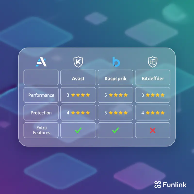 Bảng so sánh các phần mềm diệt virus miễn phí: Avast, Kaspersky, Bitdefender và Windows Defender.