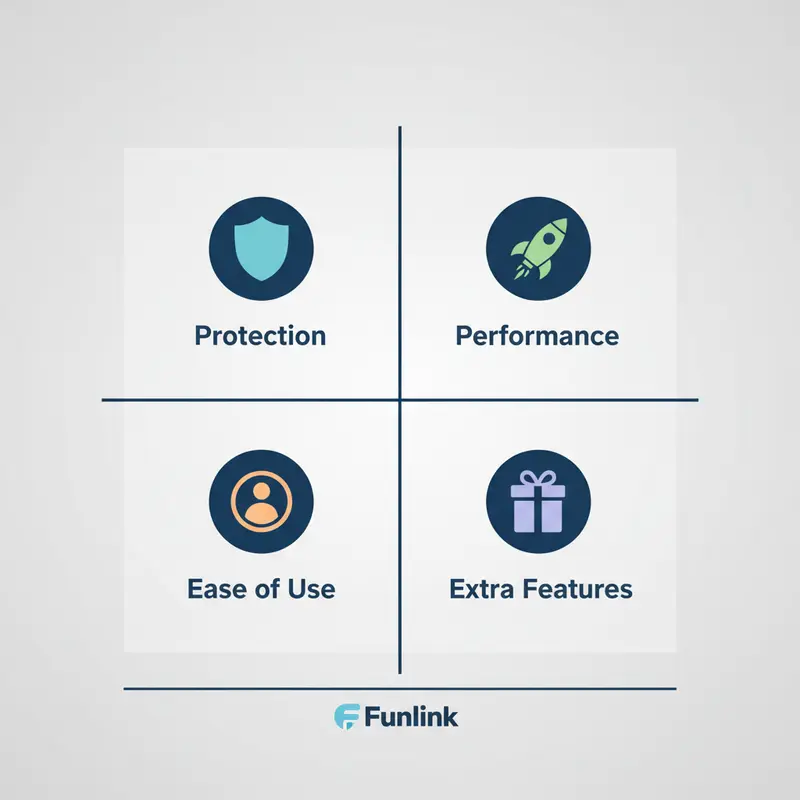 Infographic 4 tiêu chí chọn phần mềm diệt virus miễn phí: Bảo vệ, Hiệu năng, Dễ sử dụng, và Tính năng.