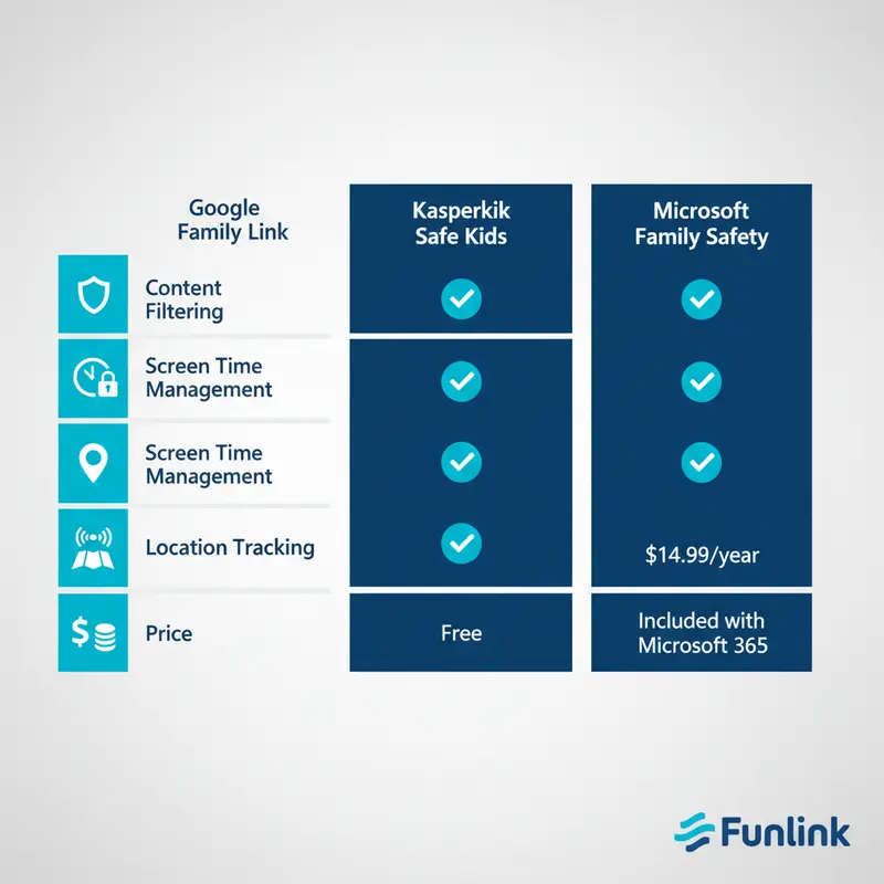 Bảng so sánh tính năng các phần mềm kiểm soát của phụ huynh: Google Family Link, Kaspersky Safe Kids, và Microsoft Family Safety.