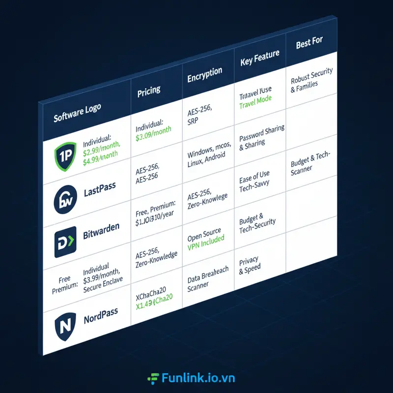 Bảng so sánh 5 phần mềm quản lý mật khẩu hàng đầu: 1Password, LastPass, Bitwarden, Dashlane, và NordPass.