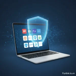 Top phần mềm quản lý mật khẩu an toàn nhất được hiển thị trên màn hình laptop với biểu tượng chiếc khiên bảo vệ.